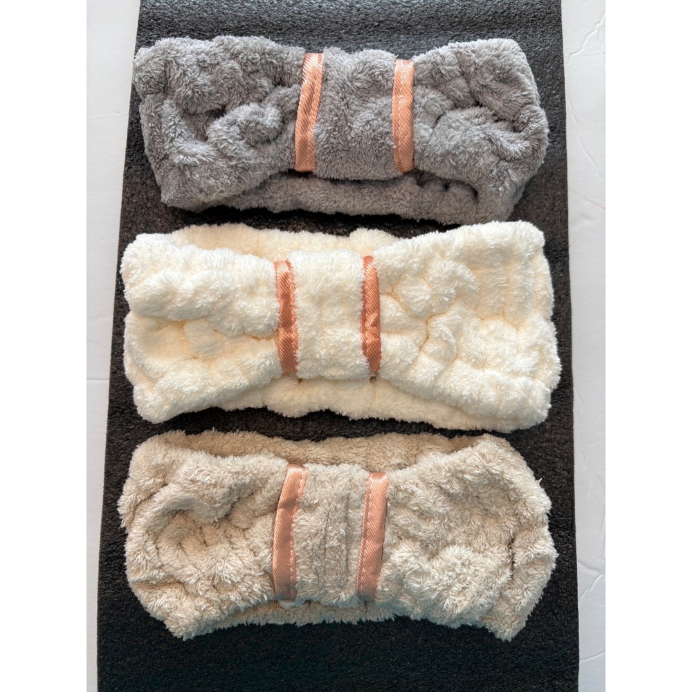 3pc Microfiber Spa Headbands Set Plush Fleece Skincare Hair Wraps Neutral Colors